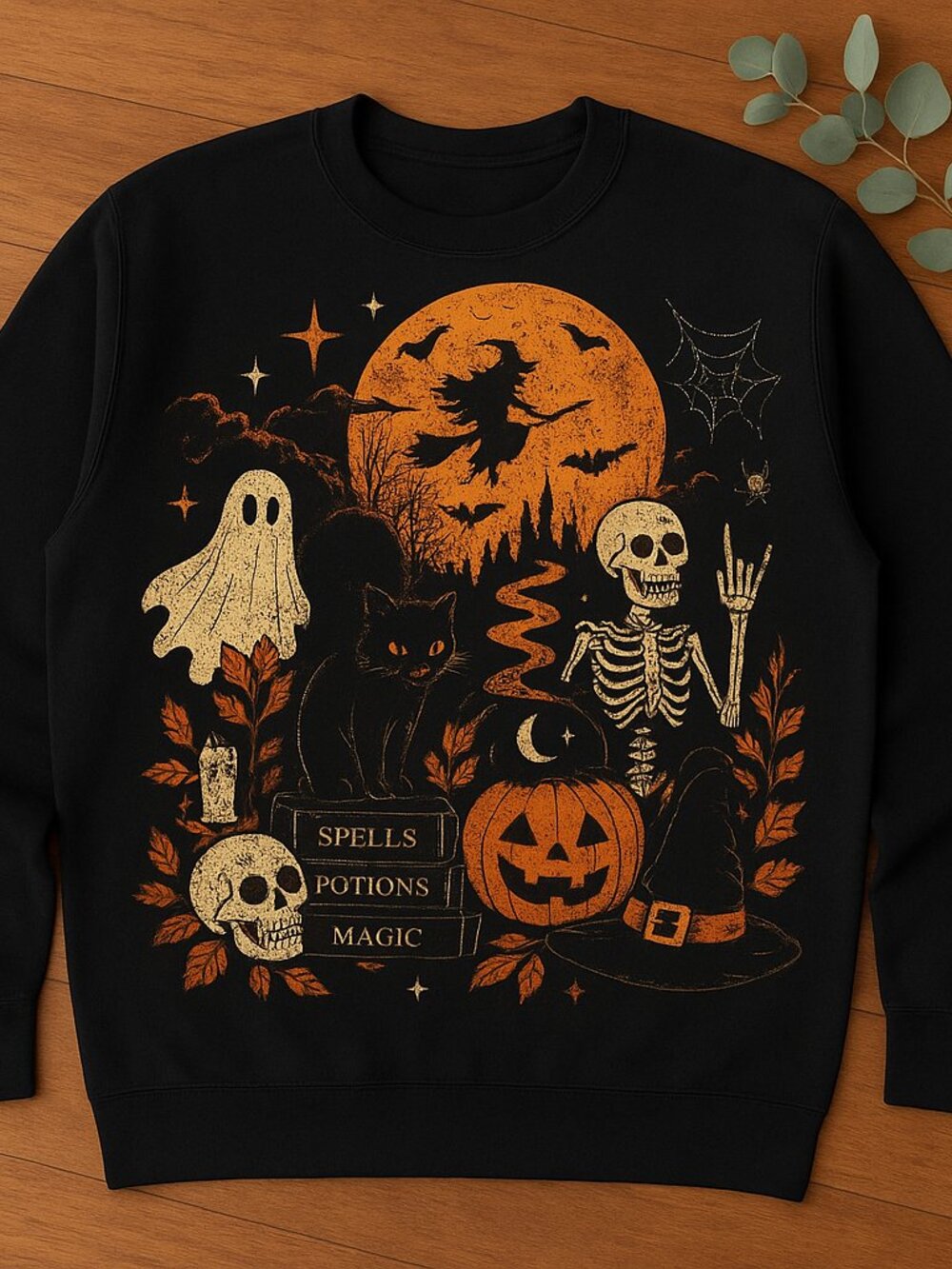 Vintage Halloween Sweatshirt Black Spooky Ghost Cat Skeleton Pumpkin Witch